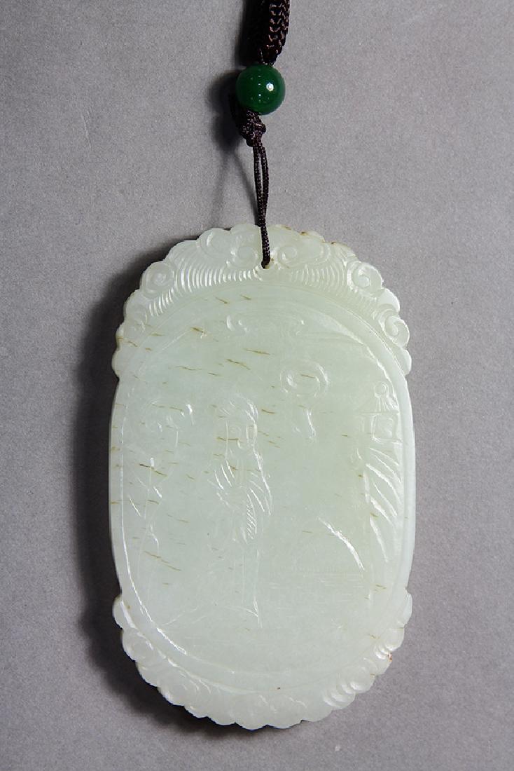 Chinese Jade Plaque, Beauty: Chinese celadon jade oval plaque, carved with a beauty in low relief, reversed by a poetic colophon, 3.25"h