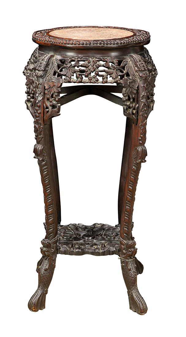Chinese Marble Inlaid Flower Stand: Chinese marble inset wooden flower stand, with a circular marble top within a floral bead edge, the apron pierced with fruiting vines, raised on dragon form cabriole supports, base with a lower tier r