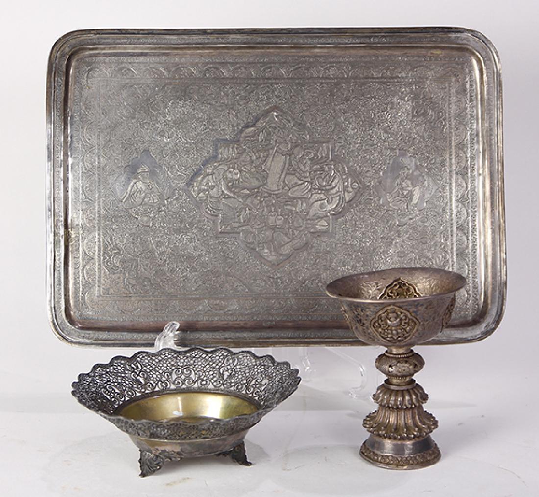 (lot of 3) Persian: (lot of 3) Persian .875 silver group, consisting of a rectangular tray and associated goblet, each surface decorated with finely hammered and engraved Arabesque motifs with rosette accents, together w