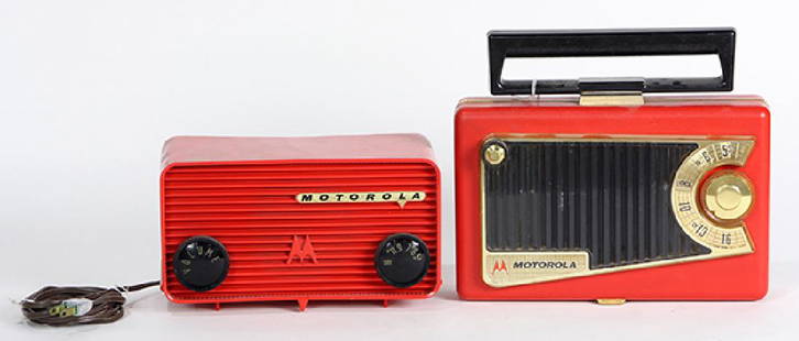 (lot of 2) Vintage Motorola radios, comprising a: (lot of 2) Vintage Motorola radios, comprising a Motorola Radio model 57a, circa mid 1950's, housed in a red plastic case, 5"h x 9"w x 4.5"d, together with another vintage Motorola portable radio, in