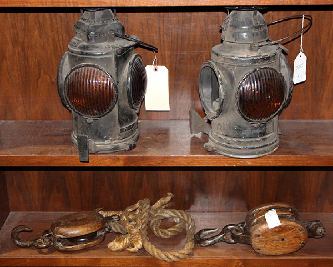 (lot of 4) Vintage railroad lanterns and pulleys, (1 of 1)