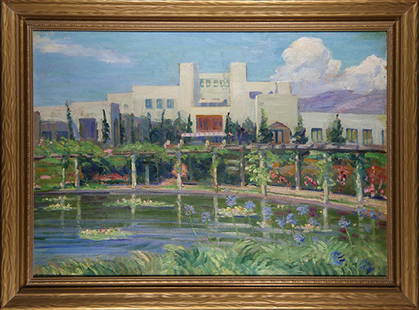 Painting, Building with Lily Pond: Arthur Merton Hazard (American, 1872-1930), Building with Lily Pond, oil on board, signed lower left, overall (with frame): 30"h x 39.75"w. Provenance: Estate of Edan Milton Hughes (San Francisco, CA)