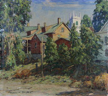 Painting, Horace Brown: Horace Brown (American, 1876-1949), Landscape with Houses and Church/Wildflowers (verso), oil on canvas (double-sided), signed lower left, canvas (unframed): 24.25"h x 27.25"w