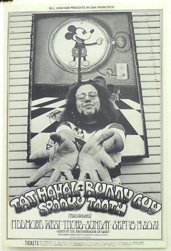 psychedelic rock poster Fillmore: (Lot of 5) Unframed psychedelic rock concert poster, ''Taj Mahal,'' by Paul Kagan & David Smith, Family Dog, Avalon Ballroom, May 31 - June 2, 1968, King #FD-121-OP -2, sheet: 22 5/16''H x 13 1/8''W,