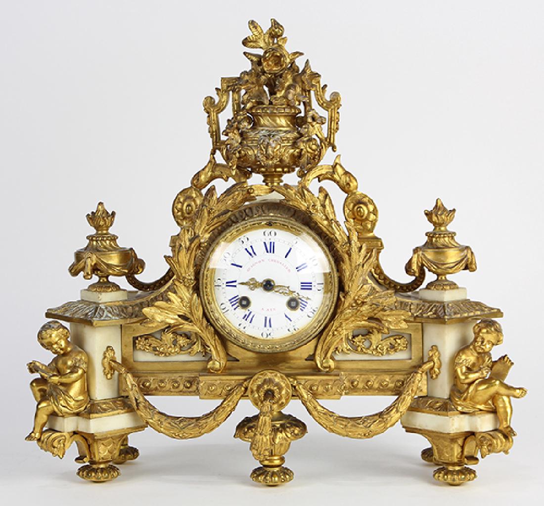 French Neoclassical-style gilt bronze mantle clock, (1 of 8)
