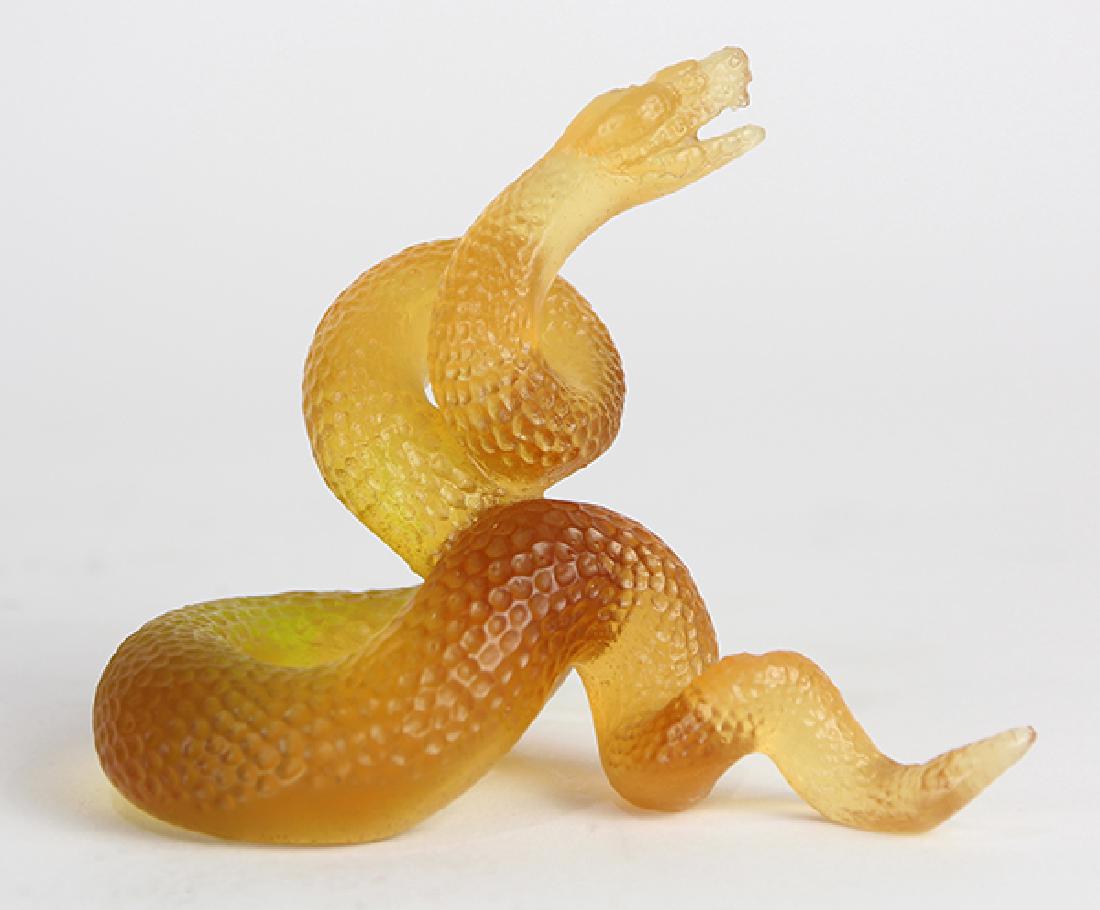 Daum France coiled snake sculpture, executed in orange: Daum France coiled snake sculpture, executed in orange glass, retaining the original box, 3.75"h x 5"w x 3"d