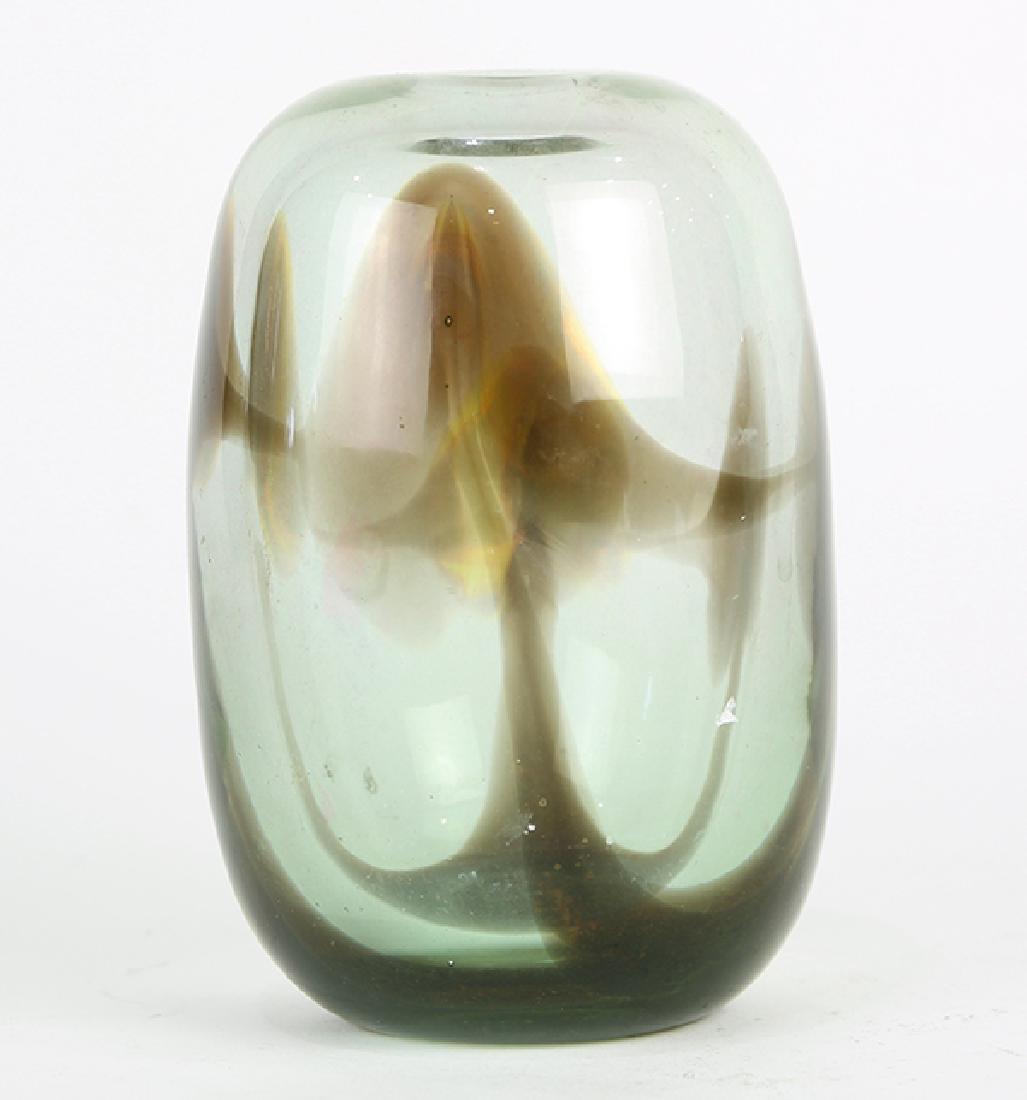 Early Dominick Labino glass vessel, 1970, the ovoid: Early Dominick Labino glass vessel, 1970, the ovoid form having sepia accents on a clear ground, etched signature to base, 6"h x 3"dia.