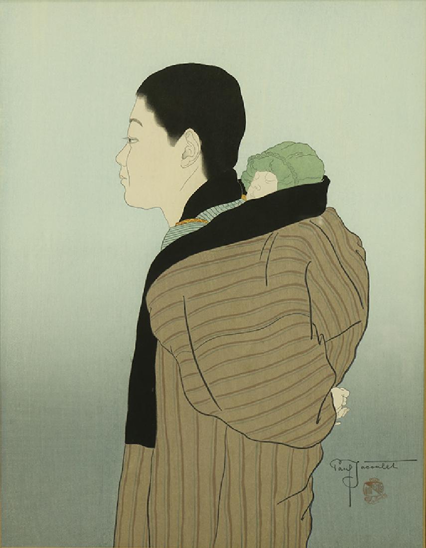 Print, Paul Jacoulet: Paul Jacoulet (French 1902-1960), "Les Deux Freres,'' 1936, color woodblock print, pencil signed with seal lower right, sight: 15''h x 11.5''w, overall (with frame): 26.5"h x 22.25"w