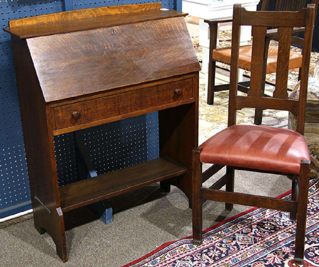 (lot of 2) Arts and Crafts L & J.G Stickley quatersawn: (lot of 2) Arts and Crafts L & J.G Stickley quatersawn oak slant front desk with chair, the chair having a slatted back, with leather seat, 40.5"h, unmarked, the slant front, having a hinged lid, abov