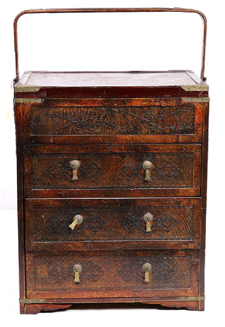 Chinese Carrying Box: Chinese woven carrying box, with a lid above a stack of three drawers, with handle, 19.75"h