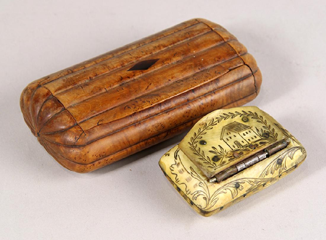 (lot of 2) Box group, consisting of one Continental: (lot of 2) Box group, consisting of one Continental hinged bone snuff box with incised decoration and inscription, together with a hinged trinket box with faux tortoishell interior, largest 4.5"l x 2"