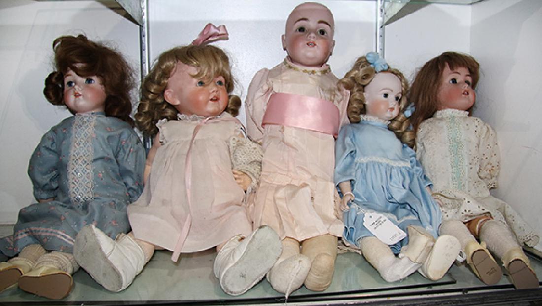 (lot of 5) Continental porcelain bisque head doll group: (lot of 5) Continental porcelain bisque head doll group, each with glass eyes open mouths with visible teeth and composite articulated group, inclding (2) Simon & Halbig examples, a J.D. Kestner examp