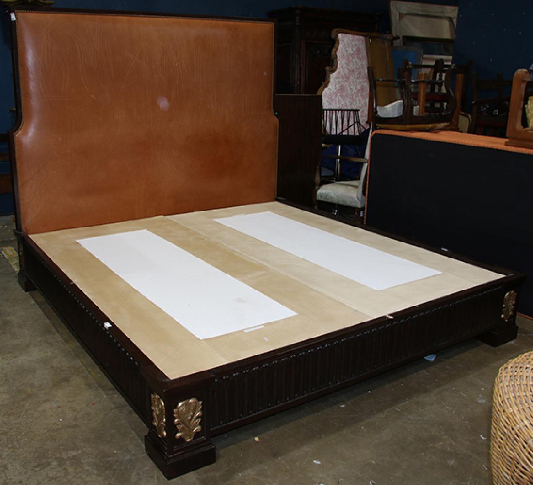 Moderne custom platform bed: Moderne custom platform bed, the headboard with leather inlay and brass nail head trim surrounded by the mahogany frame, 6'1''h x 7'1''w x 7'10''d