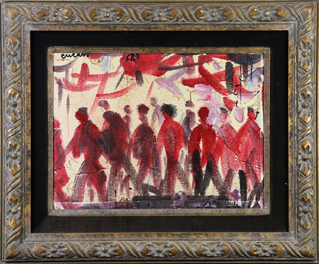Painting, Pascal Cucaro: Pascal Cucaro (American, 1915-2004), Crowd, oil on canvas, signed upper left, gallery label (Cory Gallery, San Francisco, California) affixed verso, overall (with frame): 19"h x 23"w