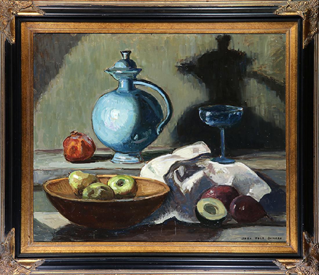 Painting, Sara Danner: Sara Ethel Kolb Danner (American, 1894-1969), Still Life with Fruit, Pitcher and Wine Glass, oil on board, signed lower right, overall (with frame): 26"h x 30"w