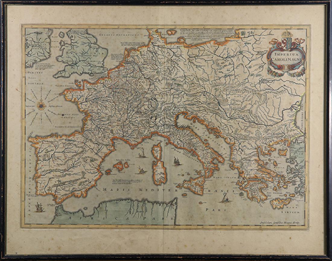 Hand-Colored copper engraved Maps: (lot of 3) "Imperium Caroli Magni," hand colored copper engraved map depicting Charlemagne’s empire, published by Sumptibus Henrici Hondy, Amsterdam, text verso, overall (with frame): 18.75"h x 23.7