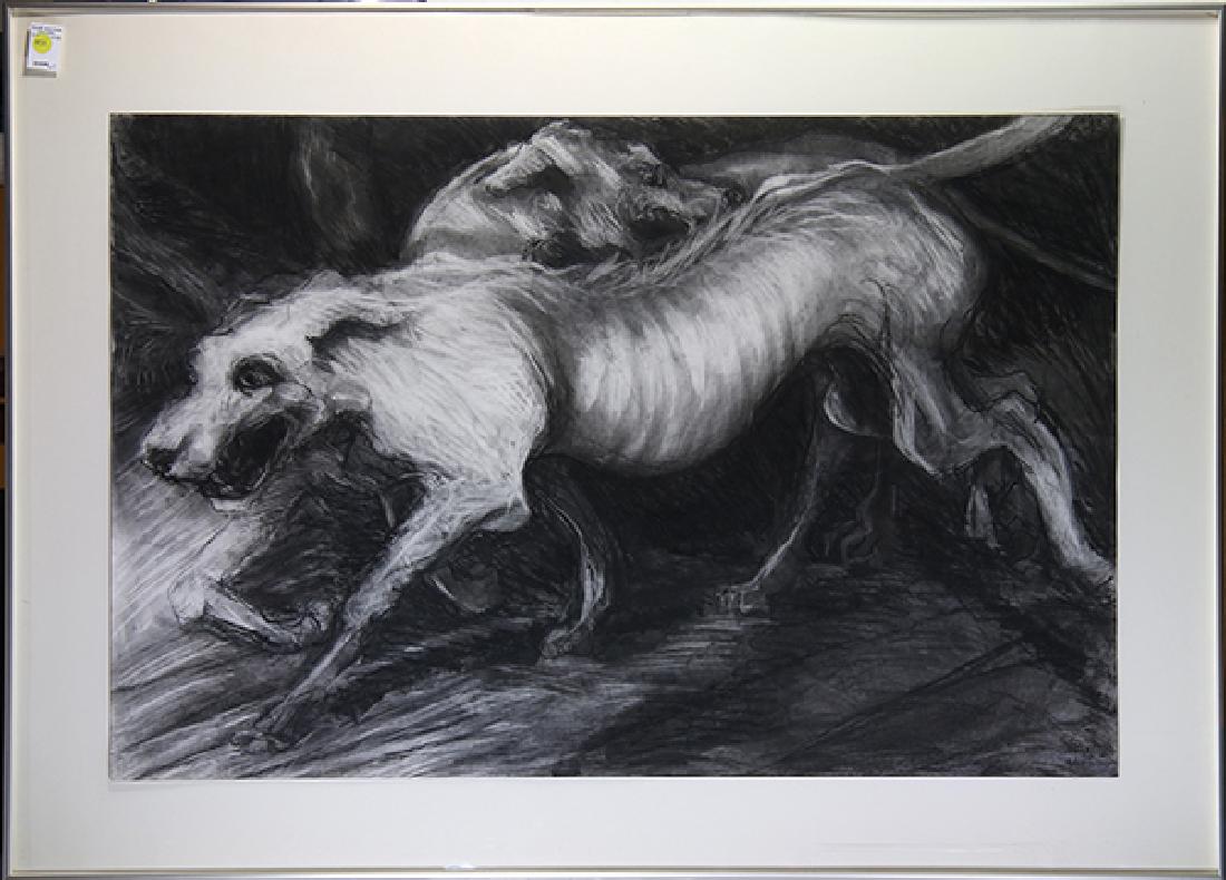 Charcoal Drawing, Sally Mallam Ornstein: Sally Mallam Ornstein (American, 20th century), "Dogs," 1989, charcoal on paper, signed and dated lower right, image: 26"h x 40"w; framed: 34.25"h x 48.25"w,