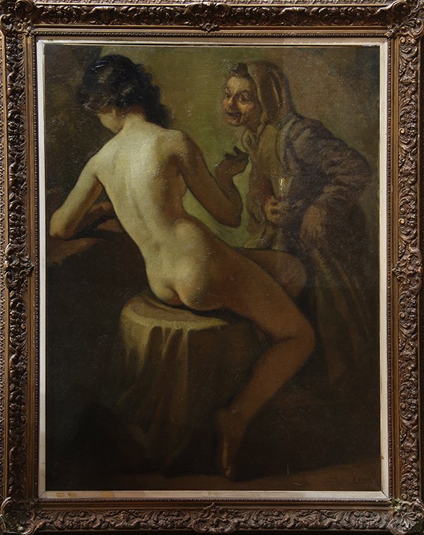Painting, Nude with Maid: Continental School (20th century), Nude with Maid, oil on canvas, signed lower right "A. Viana," overall (with frame): 61"h x 48"w
