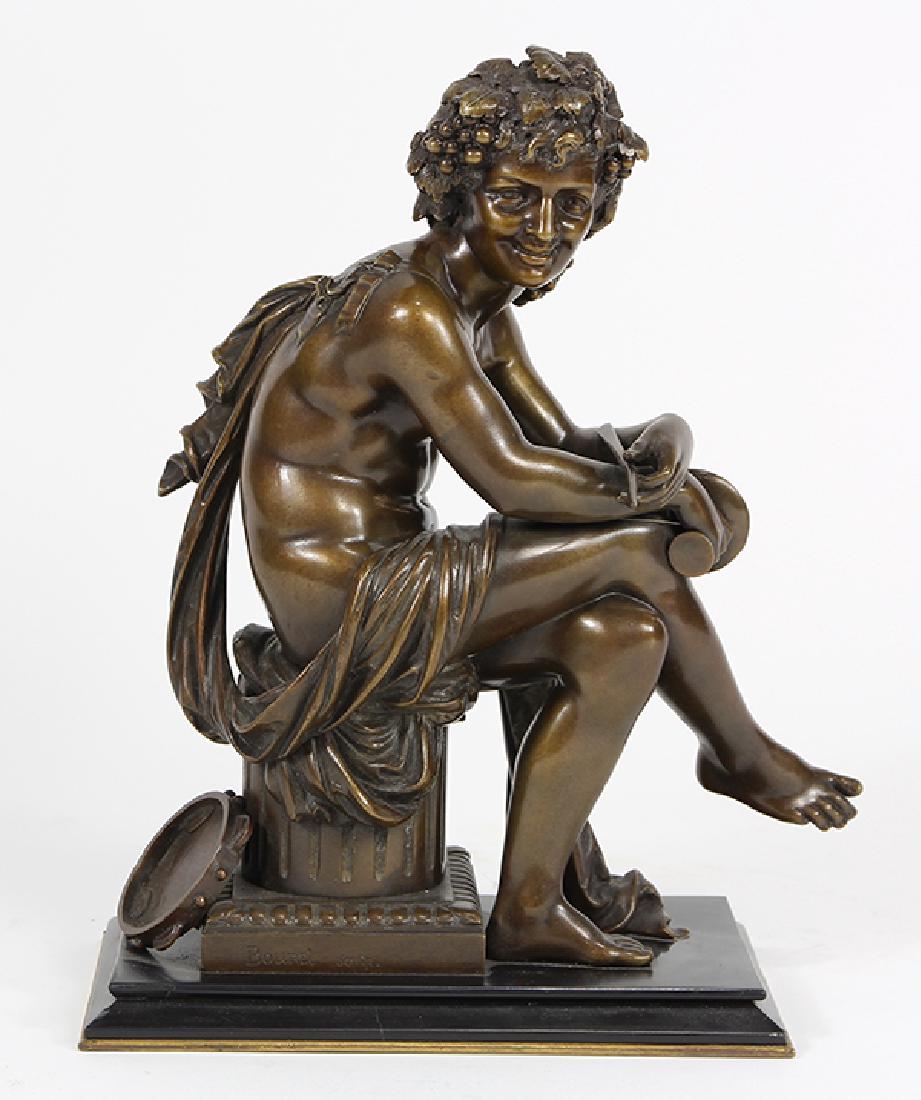 Eutrope Bouret (French: Eutrope Bouret (French, 1833-1906), patinated bronze sculpture depicting Bacchus, signed lower center, and script signed Scala, overall: 10.5"h x 8.25"w x 4.5"w