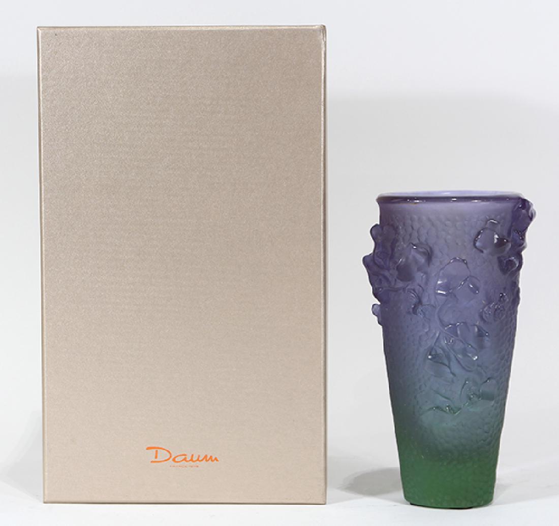 Daum France Jardin Imaginaire pate de verre vase: Daum France Jardin Imaginaire pate de verre vase, executed in violet to emerald, having floral detail continuing to the tapered base terminating on a circular foot, marked Daum France to underside, wi