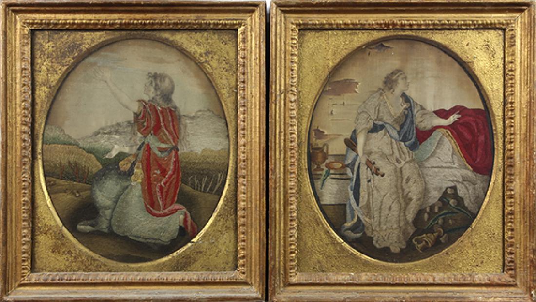 (lot of 2) Framed stumpwork panels, late 18th/early (1 of 6)