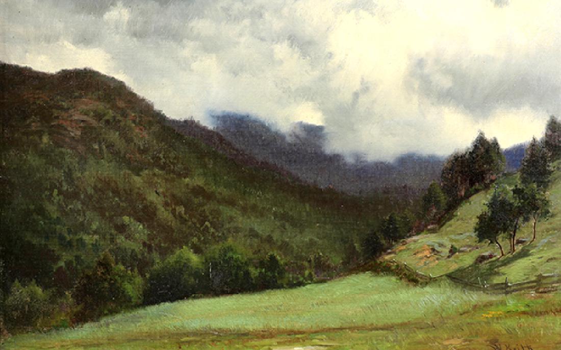 Painting, William Keith: William Keith (American, 1838-1911), "Storm Clouds," oil on canvas, signed lower right, title placard lower center, handwritten title label affixed verso, canvas: 12"h x 18"w, overall (with frame): 18