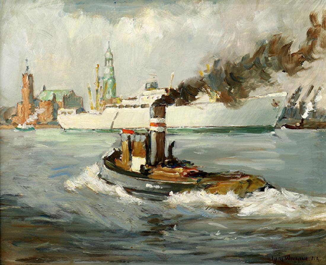 Painting, Guy Carleton Wiggins: Guy Carleton Wiggins (American, 1883-1962), New York Harbor, oil on panel, signed lower right, panel: 18"h x 21.5"w, overall (with frame): 22"h x 26"w