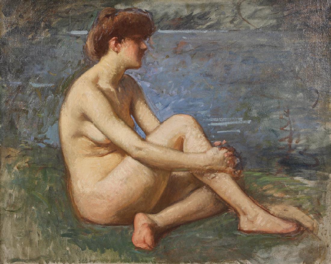 Painting, Frank Duveneck: Frank Duveneck (American, 1848-1919), Seated Female Nude, circa 1885, oil on canvas, signed on original back of canvas (relined), conservation certificate affixed verso, canvas: 29"h x 36"w, overall (