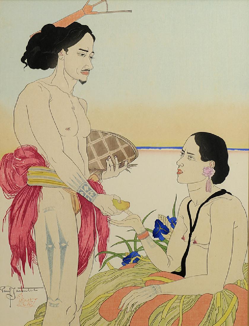 Print, Paul Jacoulet: Paul Jacoulet (French, 1902-1960), "Amoureux a Tarang. Yap, Ouest Carolines. (Lovers of Tarang)," 1935, woodblock in colors, pencil signed lower left, with Mandarin Duck Seal, from an edition of 350, 