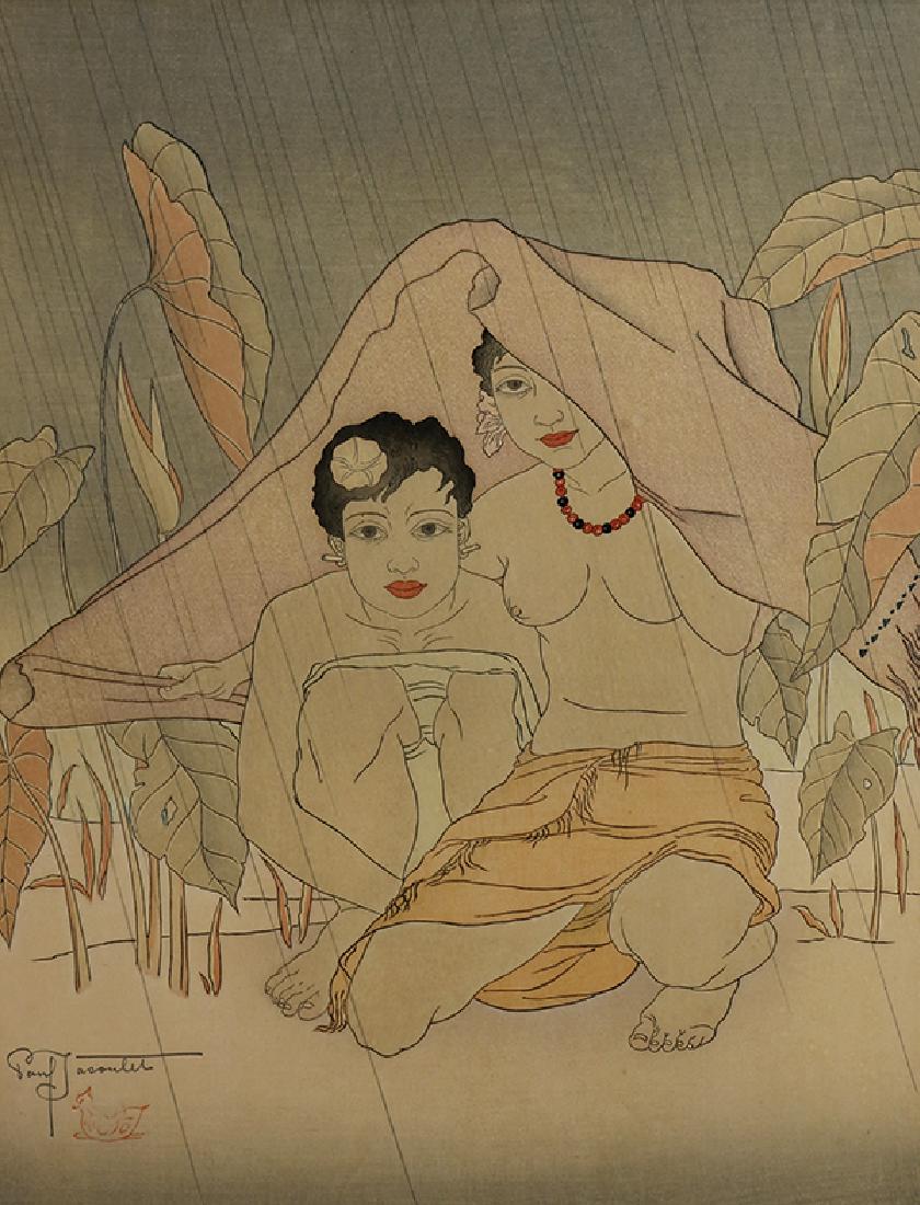 Print, Paul Jacoulet: Paul Jacoulet (French, 1902-1960), "Une Averse a Metalanim. Ponape...Est Carolines. (Downpour at Metalanim)," 1935, woodblock in colors, pencil signed lower left, with Mandarin Duck Seal, from an edit