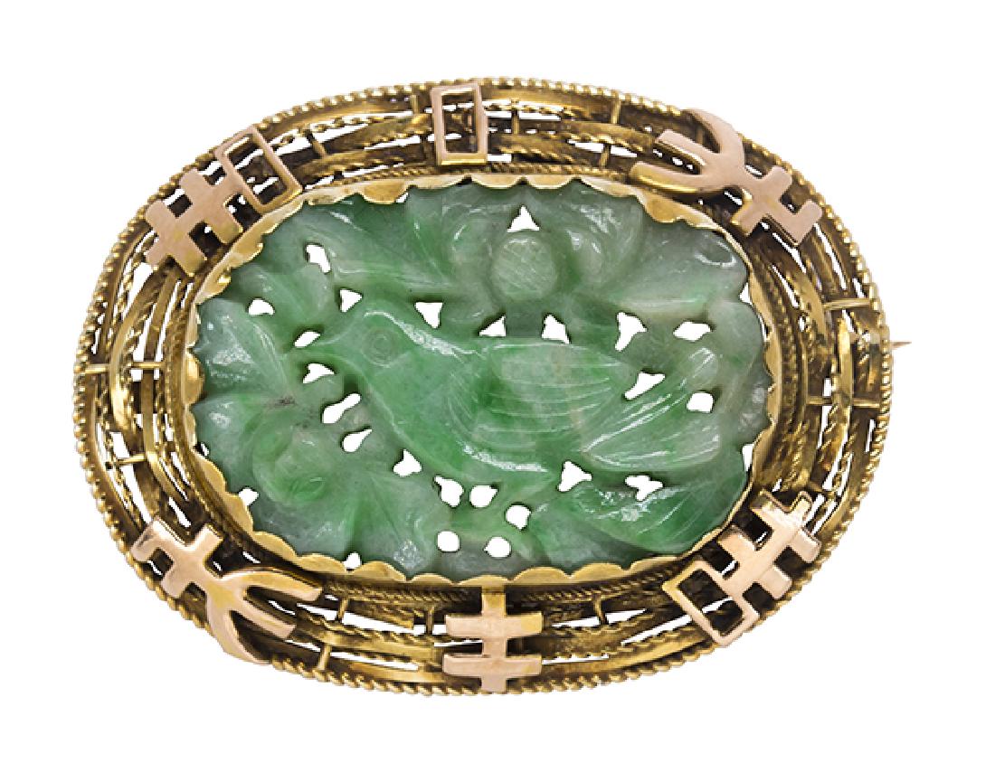 Jadeite and 14k yellow gold brooch (1 of 3)