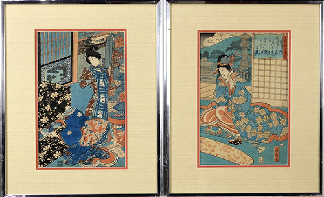 Japanese Woodblock Prints, Mosai, 19c: (lot of 2) Japanese woodblock prints, one by Nagashima Mosai (=Utagawa Yoshitora) active 1850-1870, depicting a scene from a classic literature,'Ashikagaginu no tezome Murasaki'; the other depicting t