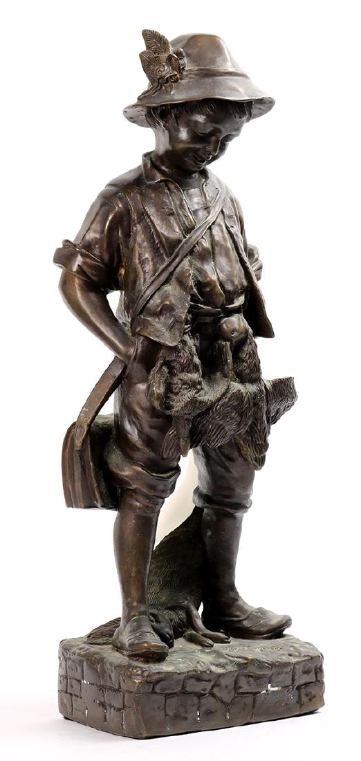 Patinated bronze sculpture of child, modeled as after: Patinated bronze sculpture of child, modeled as after the hunt with his spoils, a rabbit and a bird, signed Moreau on back, signed illegibly (Cugwt mae ?) on base, overall 21"h