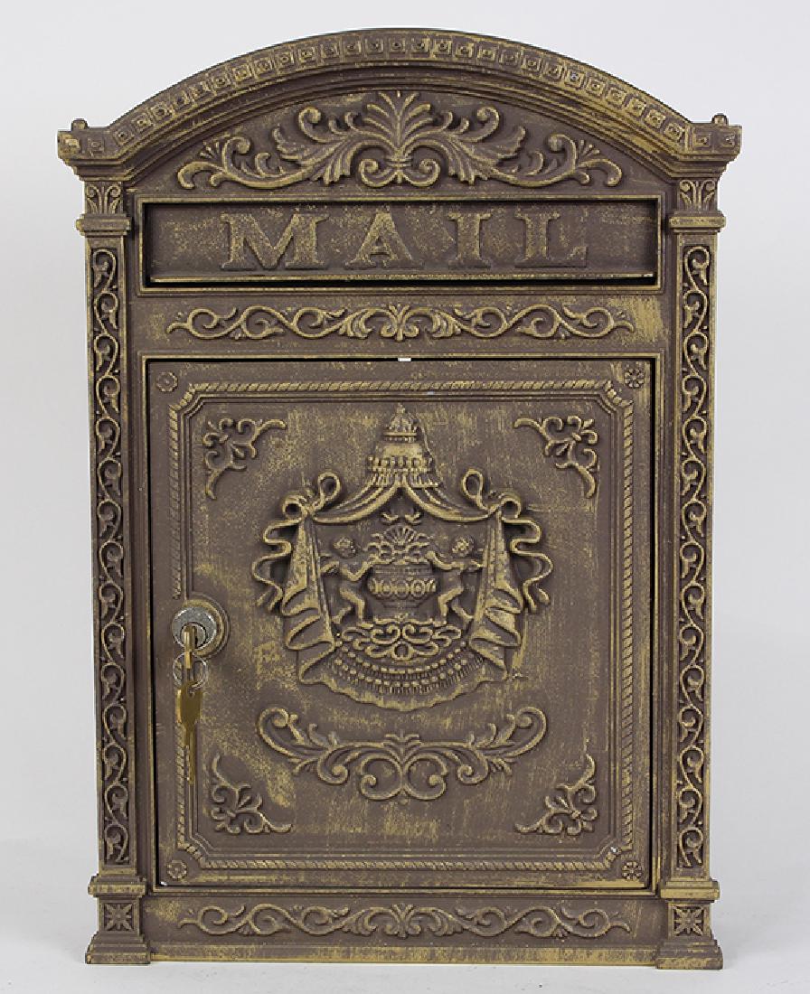 Vintage patinated mail box, with key, by Ecco Products,: Vintage patinated mail box, with key, by Ecco Products, model E6, 17.5"h x 12.5"w x 4"d