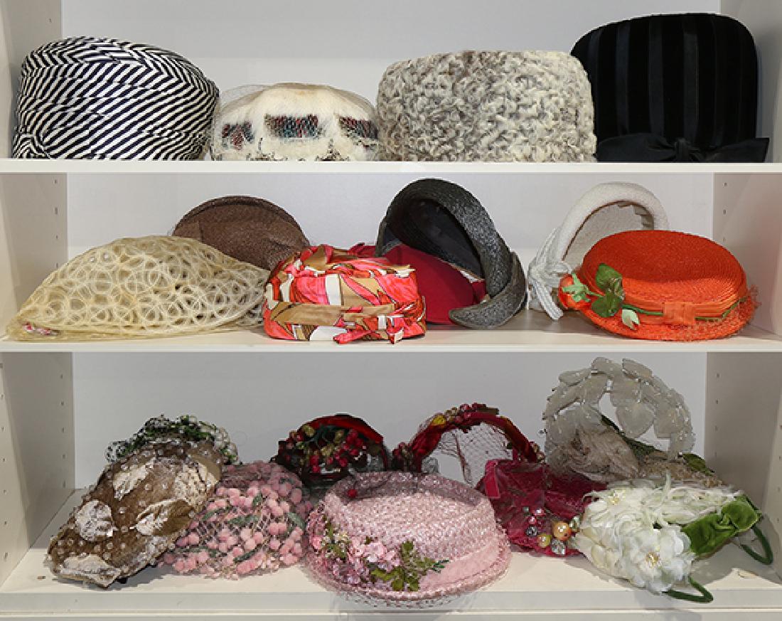 Five shelves of vintage ladies hats, in a variety of (1 of 2)