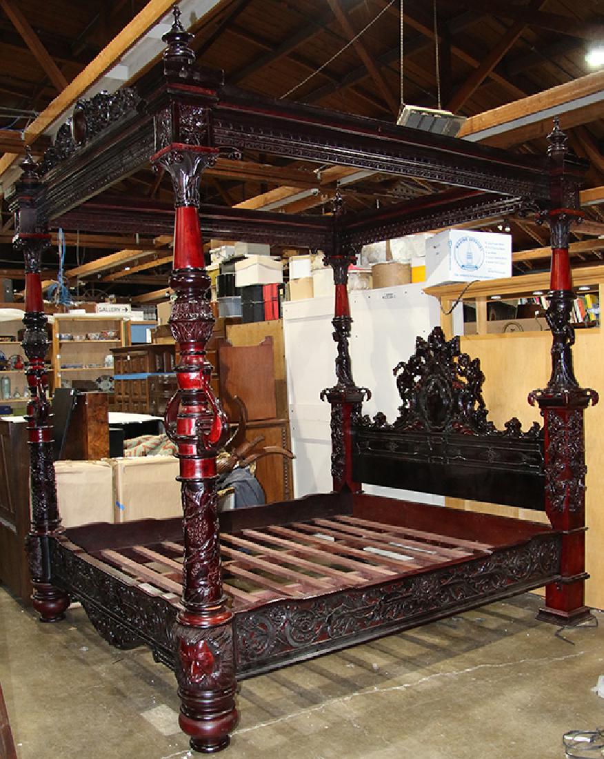 Renaissance style four poster canopy bed, the headboard: Renaissance style four poster canopy bed, the headboard with a central rounded crest flanked by playful putti flanking the shield form, centering the bed posts with female caryatids surmounted by the