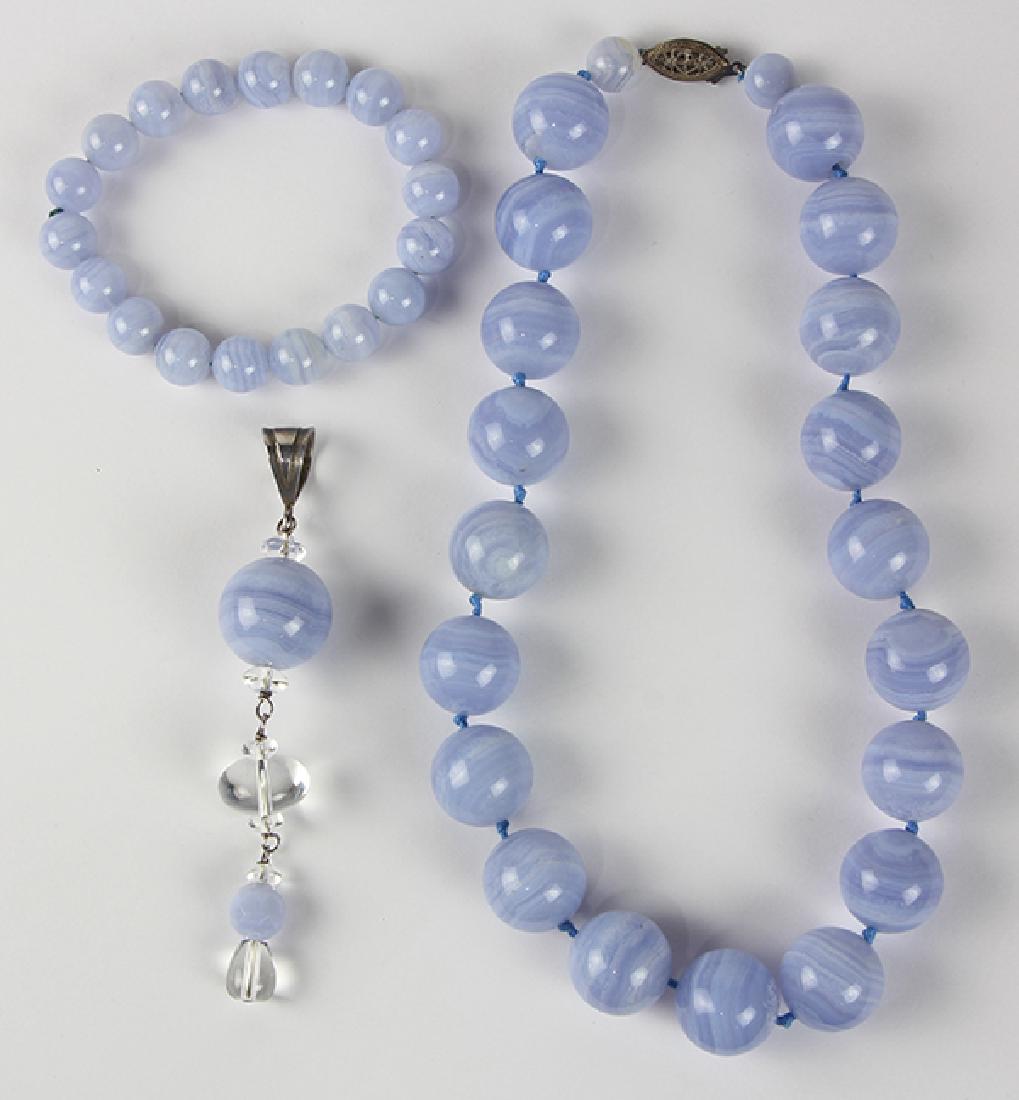 (Lot of 3) Blue lace agate, rock crystal quartz bead, (1 of 2)