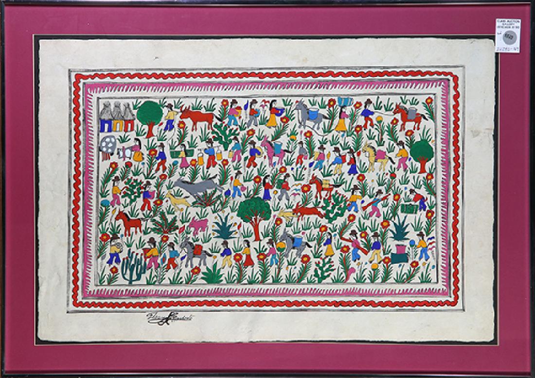 Watercolor, "Mexican Bark Painting (Villagers and (1 of 1)