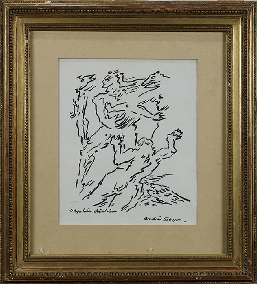 Drawing, Circle of Andre Masson: Circle of André Masson (French, 1896-1987), "Orphie Dechiné, ink on paper, bears signature lower right, titled lower left, overall (with frame): 19"h x 17.5"w