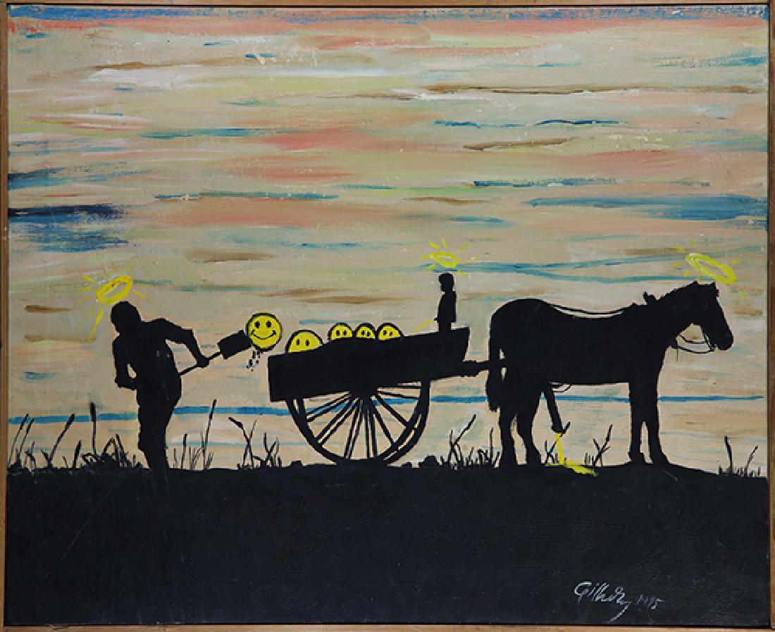 Painting, David Gilhooly: David Gilhooly (American, 1943-2013), Untitled (Holy Happy Harvest), 1995, oil on canvas, signed and dated lower right, overall (with frame): 24.75"h x 30.75"w