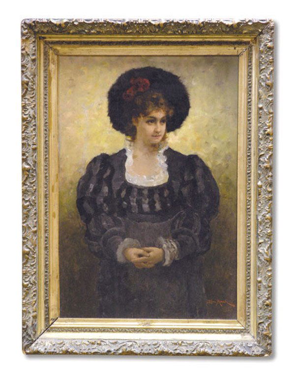 Painting Leon Moran American Portrait: Framed oil on canvas laid down to Masonite, Portrait of a Woman with Black Hat, by Leon Moran (American 1864-1941) signed lower right, sight: 23''H x 15.5''W. Provenance: Private collection, Redwood S