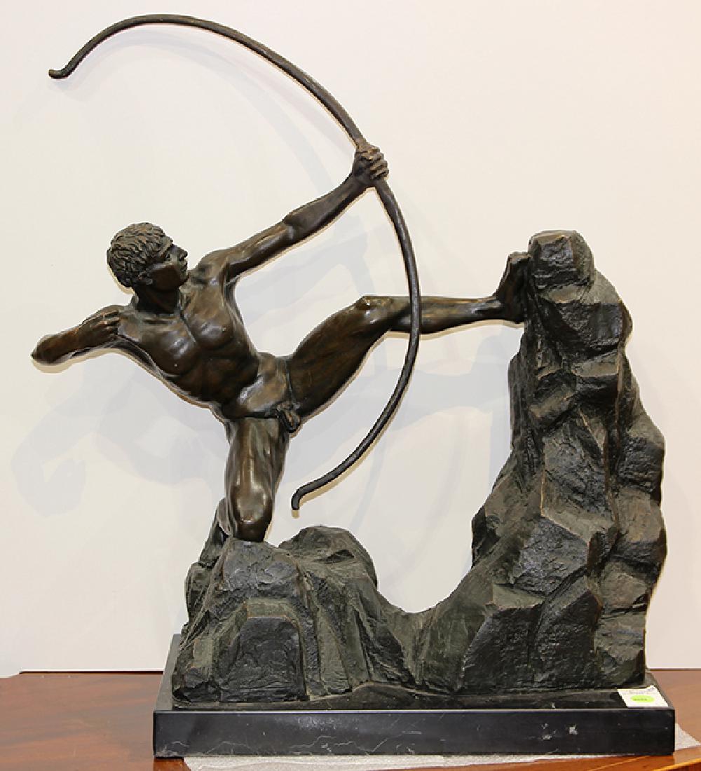 Classical style patinated bronze figural sculpture: Classical style patinated bronze figural sculpture, depicting a nude male grasping a bow and arrow, and rising on a marble base, 22.5"h x 16"w x 9"d