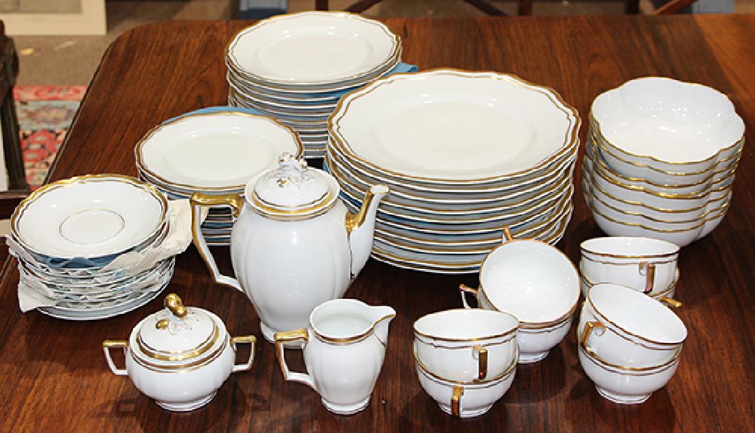 (lot of 56) Raynaud Limoges porcelain service, executed: (lot of 56) Raynaud Limoges porcelain service, executed in the "Louis XV" pattern, consisting of (10) dinner plates, 10.5"dia., (11) luncheon plates, (8) bread and butter plates, (8) bowls, (8) teacup