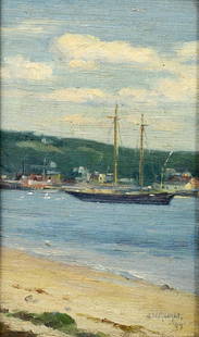 Painting, John Willard Raught: John Willard Raught (American, 1857-1931), Ship in Port, 1904, oil on board, signed and dated lower right, board: 8.5"h x 5"w, overall (with frame): 11.25"h x 7.75"w