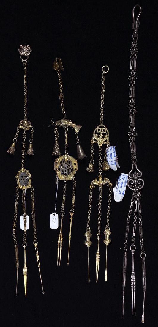 Chinese Silver Chatelaines: (lot of 4) Chinese silver chatelaines, including three gilt silver chatelaines, two with hardstone plaques; most chained with three tools, largest: 17.5"h
