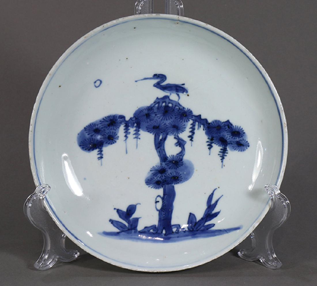 Chinese Ko-sometsuke Blue-and-White Plate, Crane: Chinese underglazed blue porcelain plate, ko-sometsuke for the Japanese market, late Ming dynasty, depicting a crane perched above a pine tree, 8"w