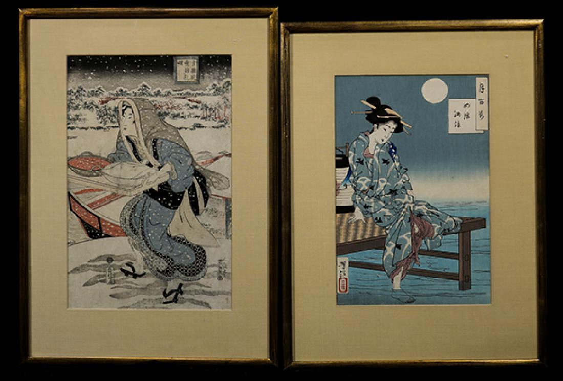 Japanese Woodblock Prints: Toyokuni, Yoshitoshi, 19c: (lot of 2) Japanese woodblock prints: Utagawa Toyokuni (1786-1865), ' Gentoku visiting Komei in Snow Storm'; together with Tsukioka Yoshitoshi (1839-1892), from the 'One Hundred Aspects of the Moon', 