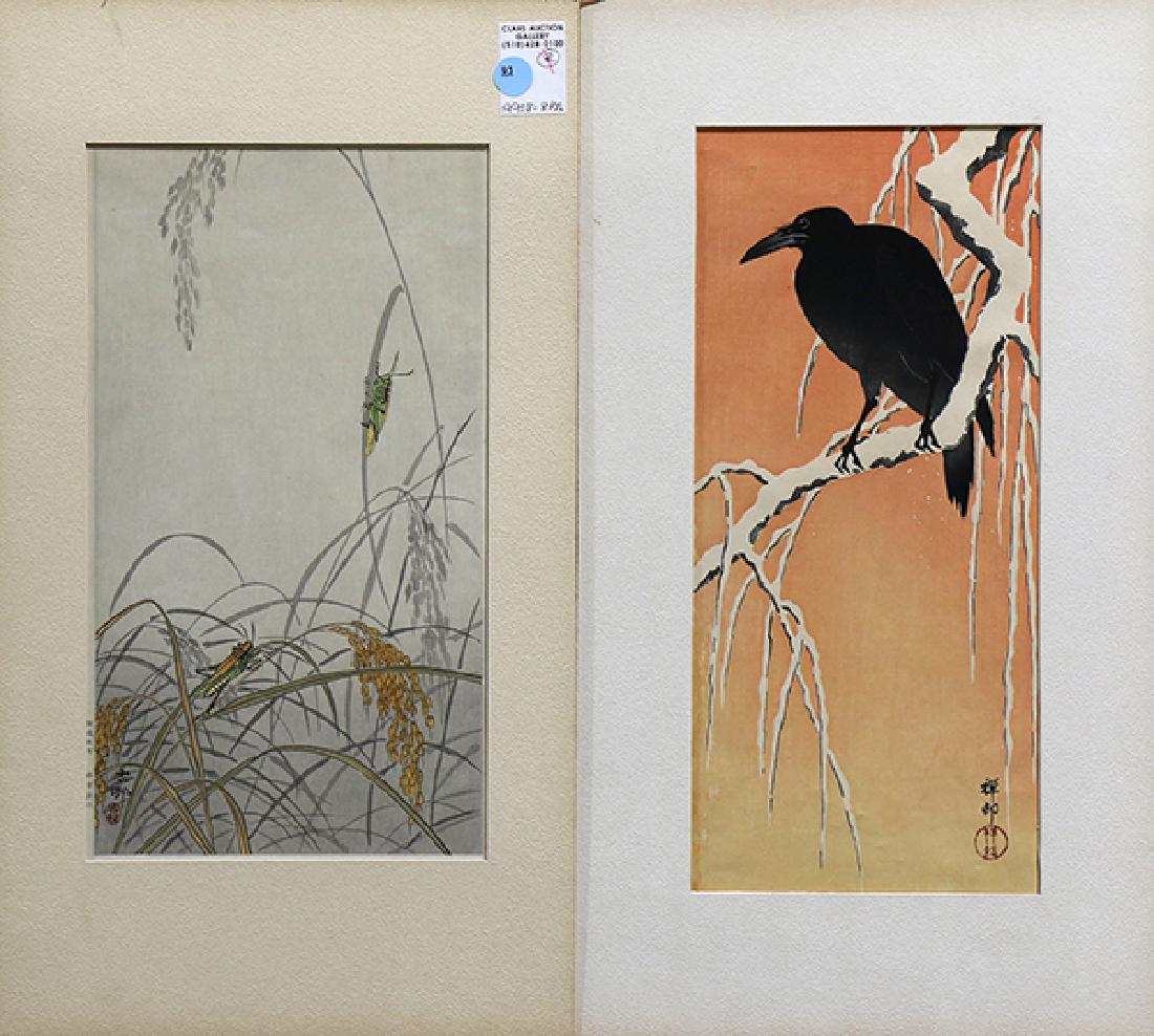Japanese Woodblock Prints, Ohara Koson: (lot of 2) Ohara Koson (Japanese, 1877-1945), 'Crow in the Snow' and 'Crickets and Rice Plants', woodblock prints, both with signature, seal, largest print: 15.25"h x 6.75"w, mat: 20"h x 11"w