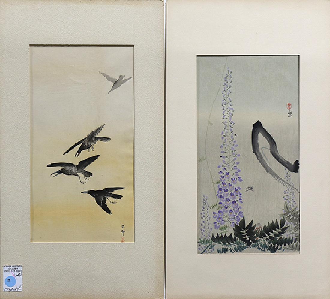Japanese Woodblock Prints, Ohara Koson: (lot of 2) Ohara Koson (Japanese, 1877-1945), 'The Crows' and 'Wisteria and the Bee', woodblock prints, both with signature, seal, largest print: 14.5"h x 7.25"w, mat: 20"h x 11"w