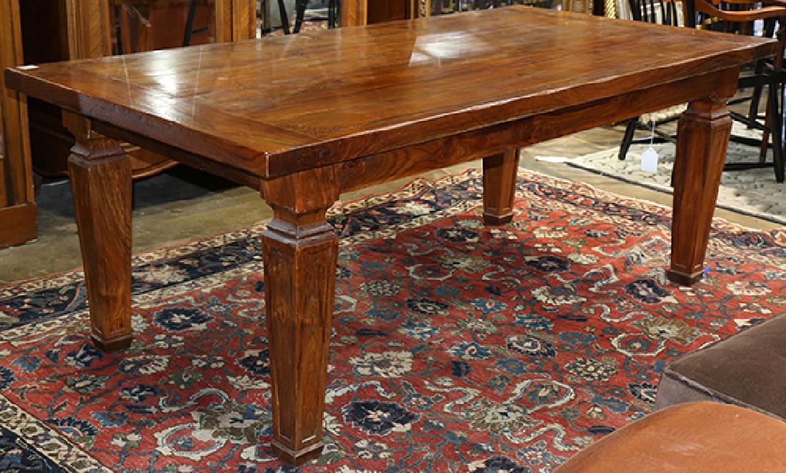 Cherry wood dining room table: Cherry wood dining room table, having a plank top and rising on square tapered legs, 30"h x 3'3''w x 7"d